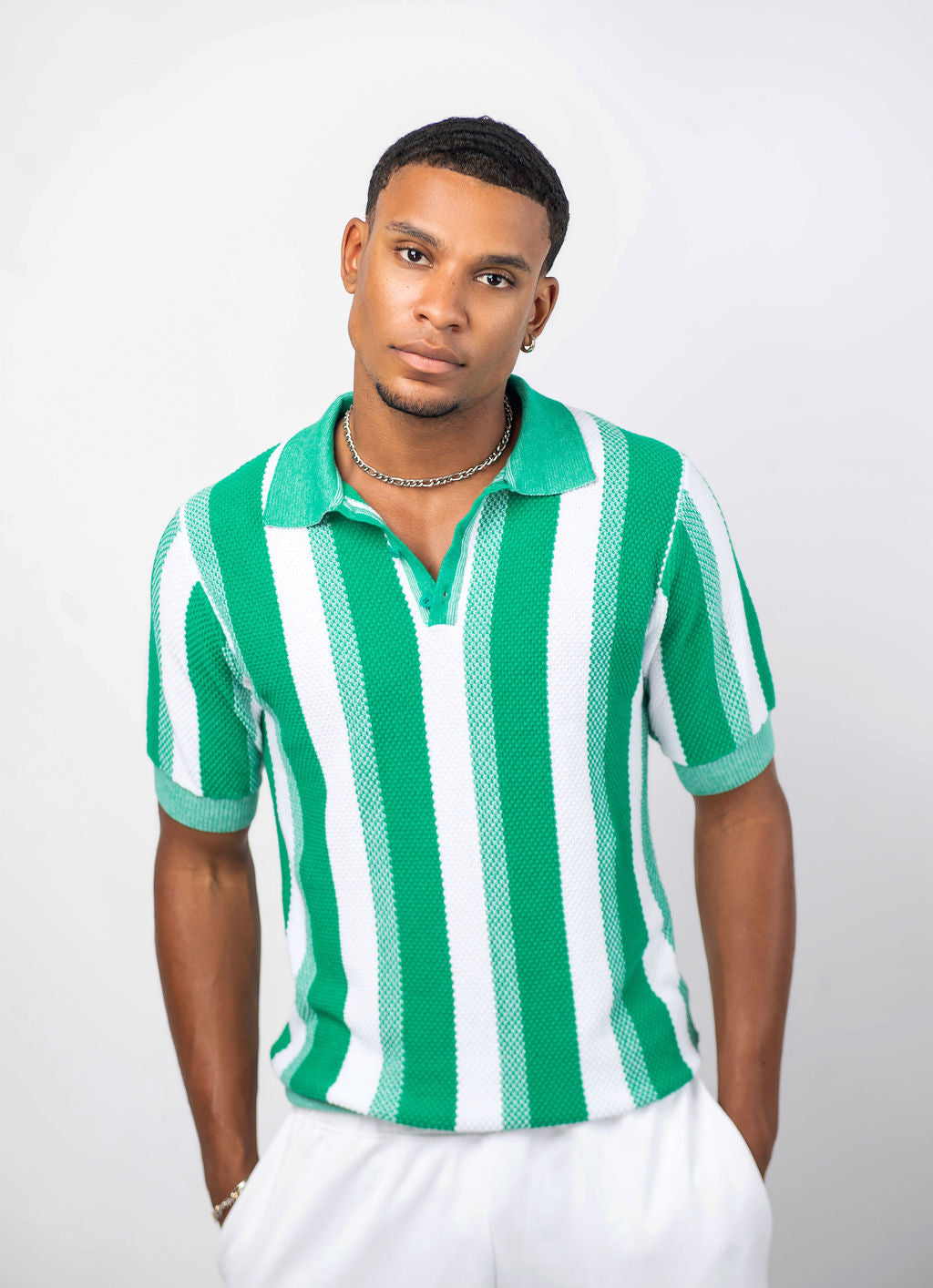 Men Stripe Knit Shirt Green